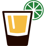 Illustration of a brown and yellow shot glass with a green lime on the rim.